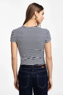 Camiseta a rayas manga corta con encaje