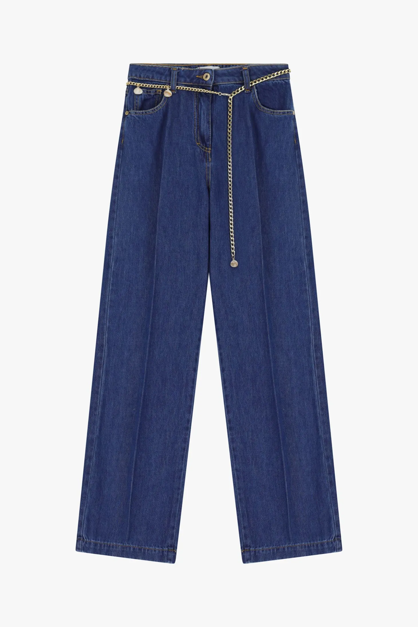 Jeans a gamba larga con vita alta e piega