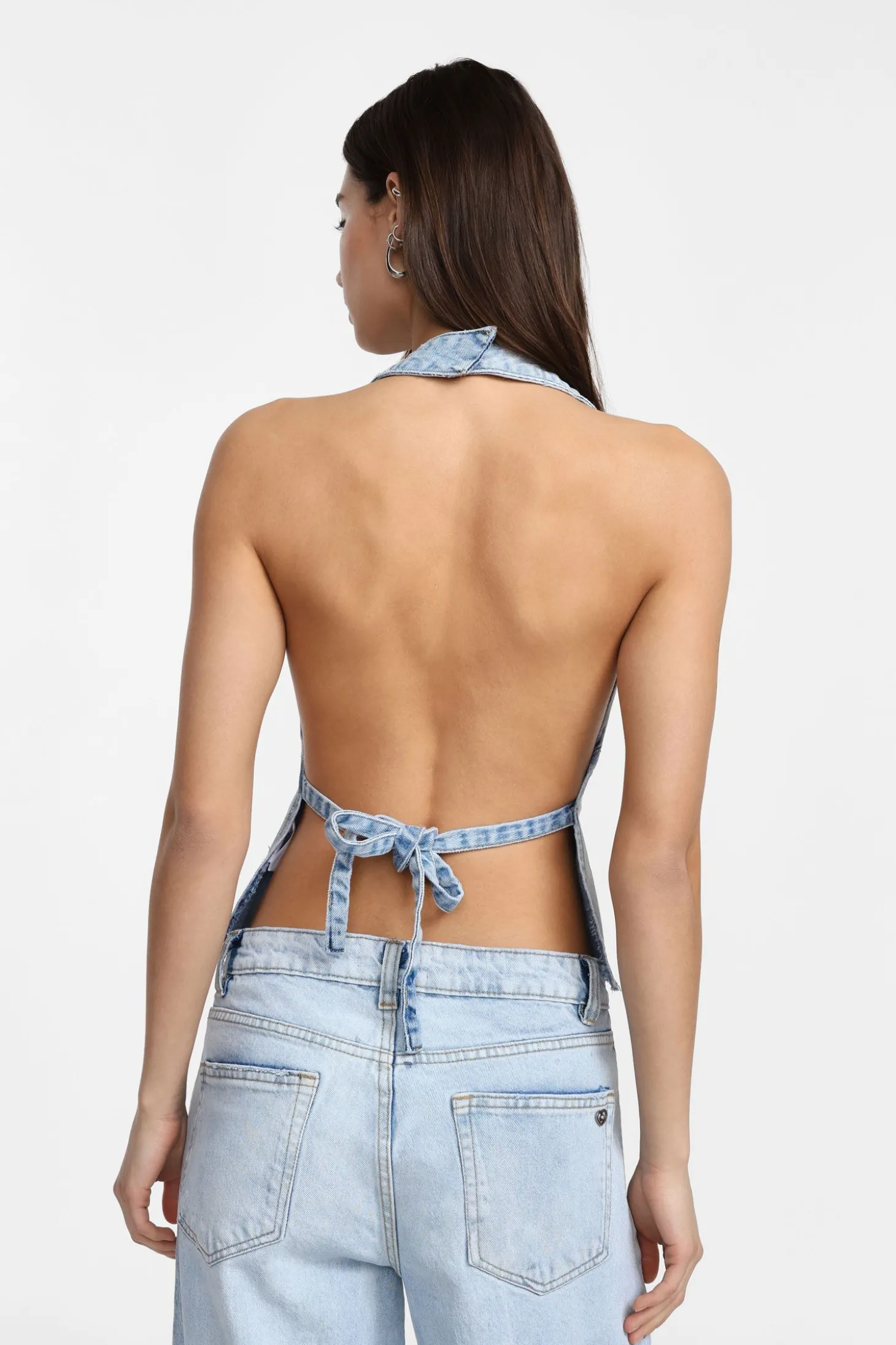 Top halter de denim sin espalda